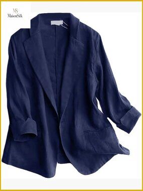 Linen Blend Blazer 3/4 Sleeve Lightweight Business Casual Jacket Women